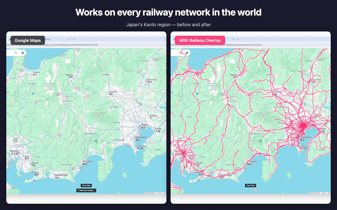 The Kanto region of Japan on Google Maps, before and after the rail network is drawn