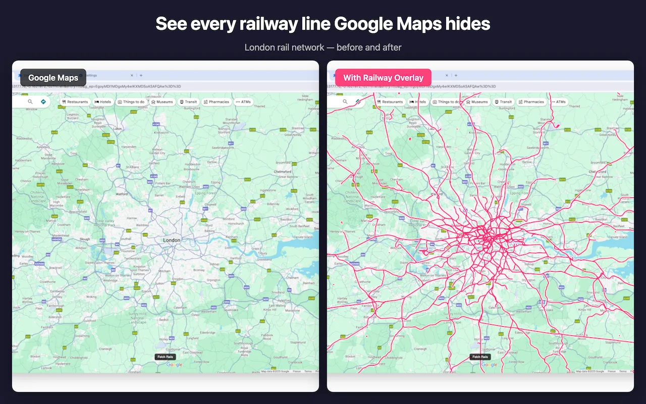 London on Google Maps, before and after Railway Highlighter draws the rail network
