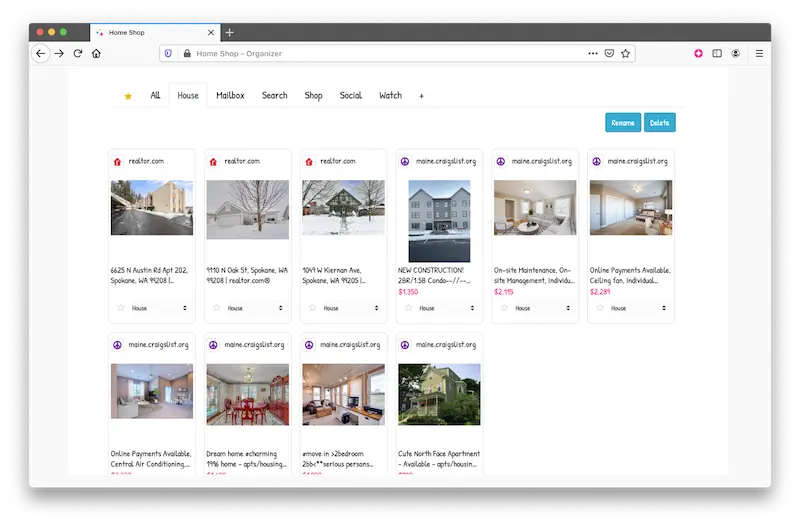 Screenshot of HomeShop with home bookmarks