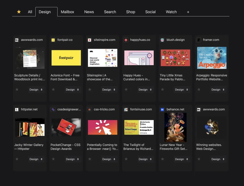 WebLinks dashboard showing saved bookmarks with image previews organized by category